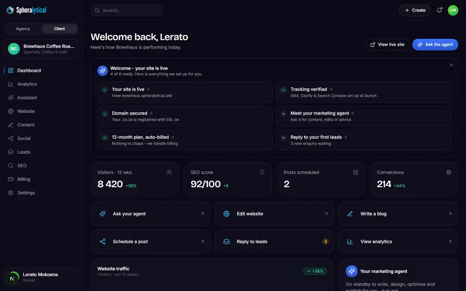 The client portal dashboard: live site status, visitors, SEO score, leads and one-tap agent actions