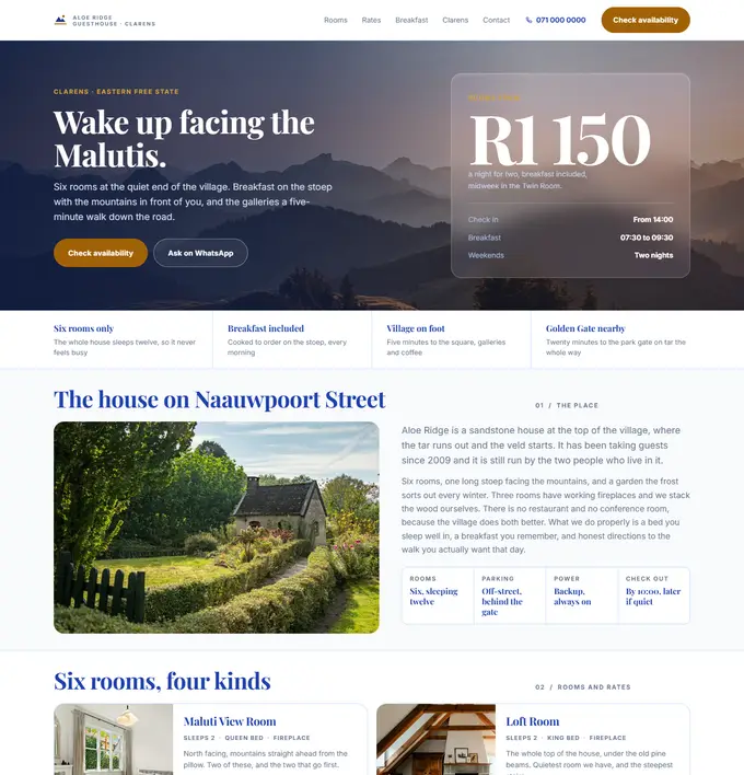 Homepage we built for Aloe Ridge Guesthouse