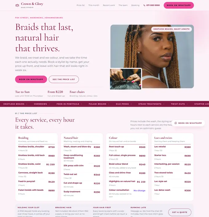 Homepage we built for Crown & Glory Hair Studio