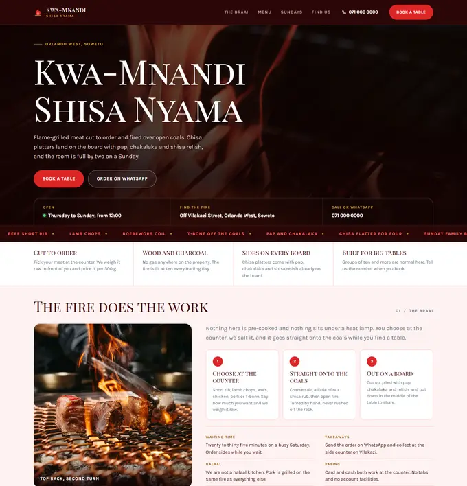 Homepage we built for Kwa-Mnandi Shisa Nyama
