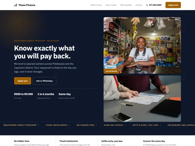 Thuso Finance, Micro-lender · Polokwane: homepage we built
